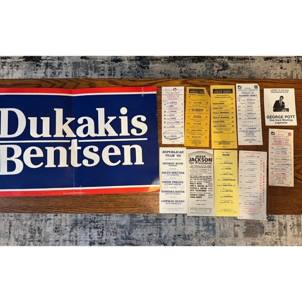 Lot Of President Campaign Election Memorabilia Voting Card & Dukakis sign (fold)